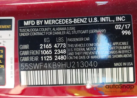 2017 Mercedes-Benz C 300 4Matic из США, поврежденный, VIN 55SWF4KB9HU213040